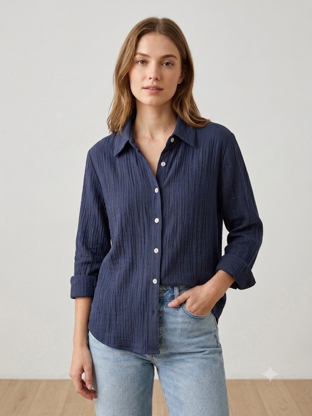 J. Jill Navy Textured Button-Down Shirt